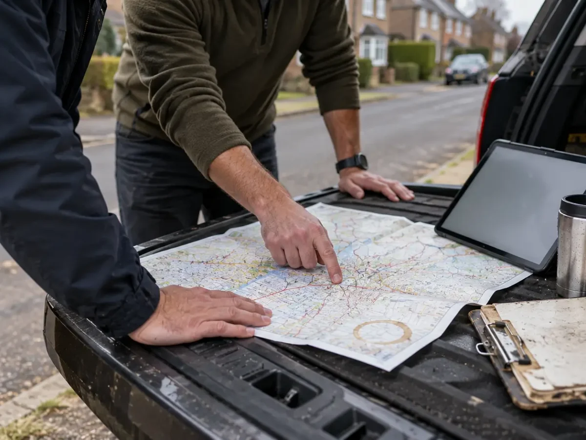 Two people leaning over a road map spread on the tailgate of a vehicle, planning a route.